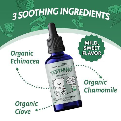 legendairy milk organic teething drops - baby teething relief drops clove and chamomile - ideal for babies and toddlers - sugar free 120 servings