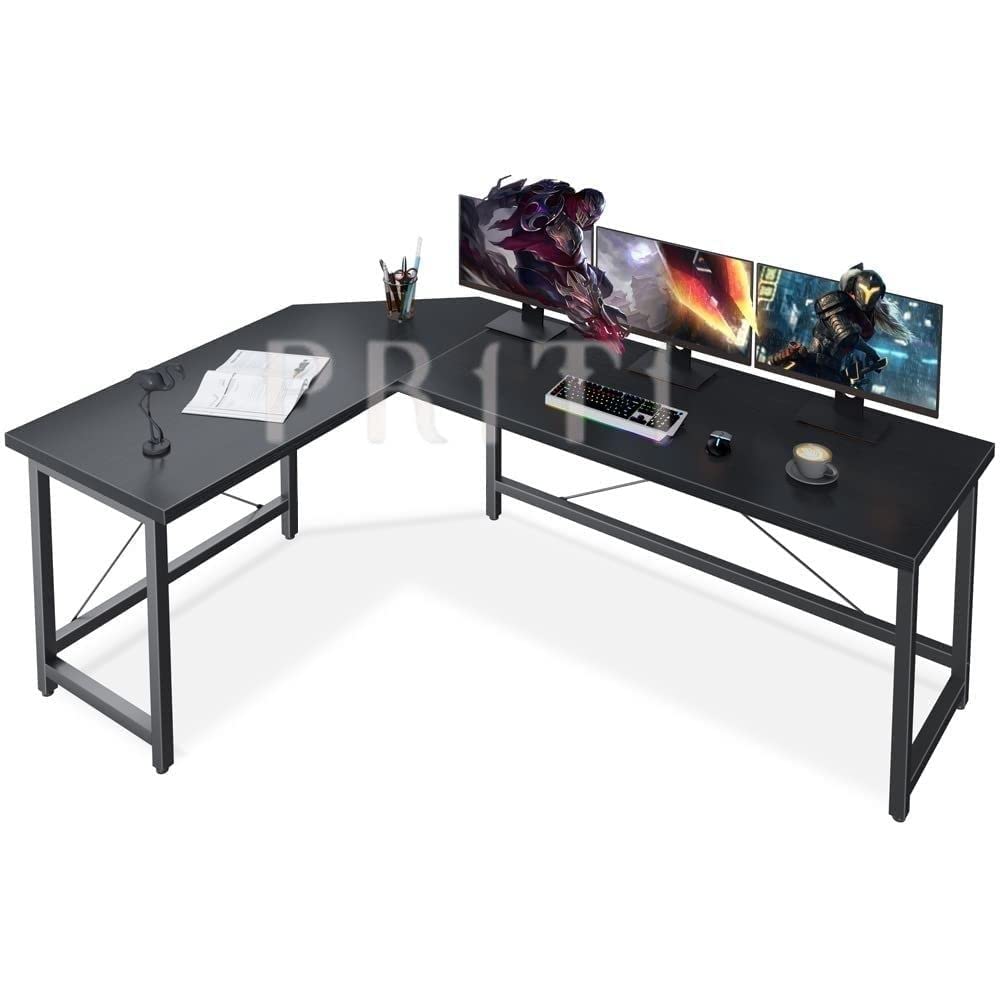 Priti-L-Shaped Gaming Desk with Monitor Stand and Storage Shelves - Large Corner Computer Desk with Cup Holder and Headphone Hook