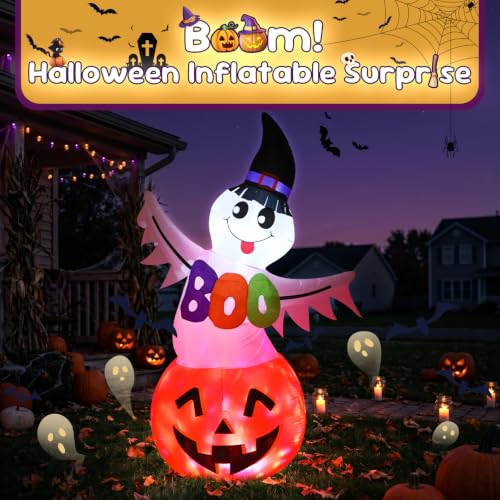 6 FT Halloween Inflatable Ghost Pumpkin with Witch Hat & Boo Sign - image 7