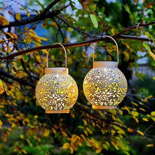 Image of 2 Pack Outdoor Solar Hanging Lantern Lights Metal LED Decorative Lamp for Garden Patio Courtyard Lawn and Table with Hollowed-Out Design (White)