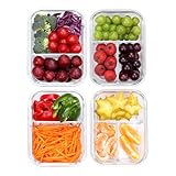 liliume meal prep boxe in vetro 2 e 3 scomparti (4 pezzi, 1040 ml) con coperchio, per controllo delle porzioni, ermetico, sicuro per forno e congelatore