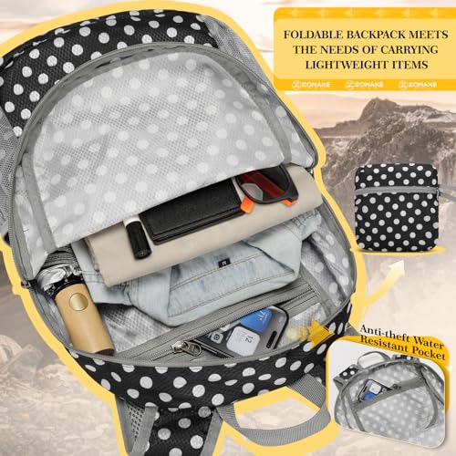 Image of ZOMAKE Ultra Lightweight Hiking Backpack 20L, Packable Small Backpacks Water Resistant Daypack for Women Men(Black,White Polka Dot)