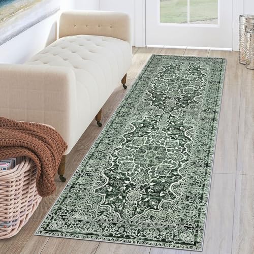 KUTA Runners for Hallways 2x6 Dark Green, Vintage Floral Rug Non-Slip Washable Kitchen Rugs Printed Retro Distressed Flower Carpet Entryway Rugs for Bedroom Laundry Nursery