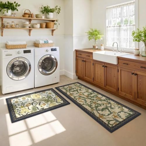 Image of Roslen Kitchen Mats for Floor Anti Slip, Waterproof Memory Foam Kitchen Rugs, Soft Cushioned Anti-Fatigue Standing Mat with Floral Design, Comfort Runner Rug Carpets for Kitchen, Sink Laundry & Home