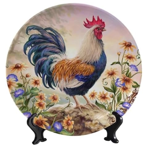 Bictucem Rooster Decorative Plate Stand, 8inch, Rooster on Stone Round Display Plate, Home Wobble-Plate with Display Stand Cover
