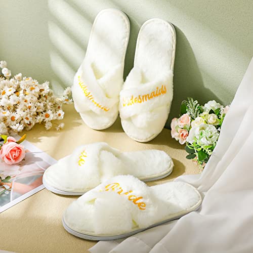 Image of JenPen 7 Pairs Bridesmaids Slippers Women's Cross Band Fuzzy Bachelorette Party Slippers for Wedding Bridal Party