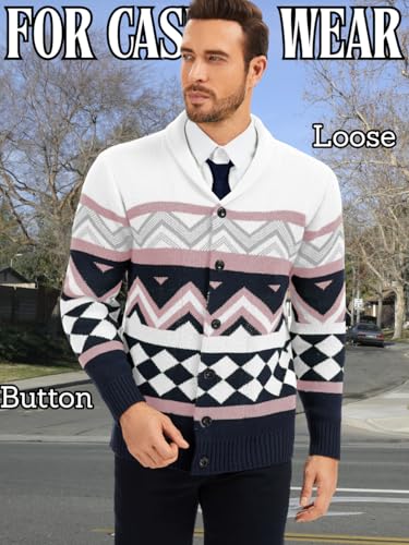 Mens Cardigan Sweater, Shawl Collar Long Sleeve Button Down Color Block Graphic Print, Fall Winter Casual Outfits4