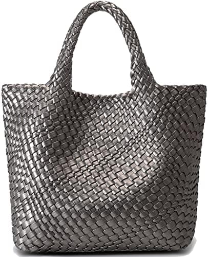 Woven Bag for Women, Vegan Leather Tote Bag Large Summer Beach Travel Handbag and Purse Retro Handmade Shoulder Bag
