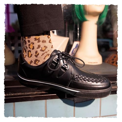 T.U.K. Black Leather Creeper Sneaker Shoes for Women and Men, D Ring Lace Up Shoes | US Women 07 / Men 052