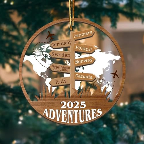 TM TEEMAN 3D Personalized Travel Adventures Ornament 2025, 2-Layered World Traveler Ornament, Custom Travel-Themed Christmas Tree Decoration, Road Trip Vacation Keepsake for Travelers & Adventurers