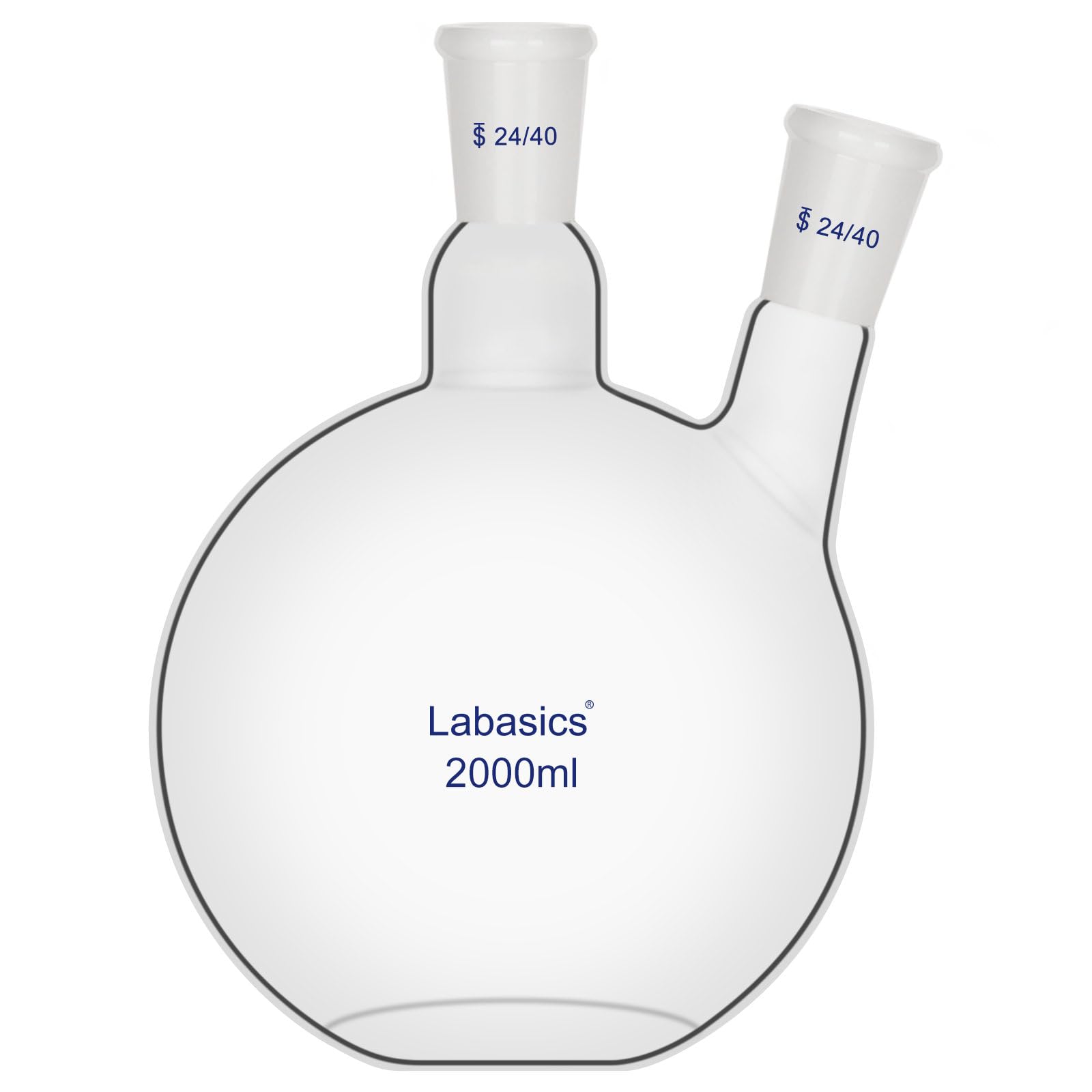 Labasics Matraz de Ebullición de Fondo Plano con 2 Cuellos, Junta 24/40, Vidrio de Borosilicato, Resistente al Calor para Destilación y Laboratorio, 2000ml