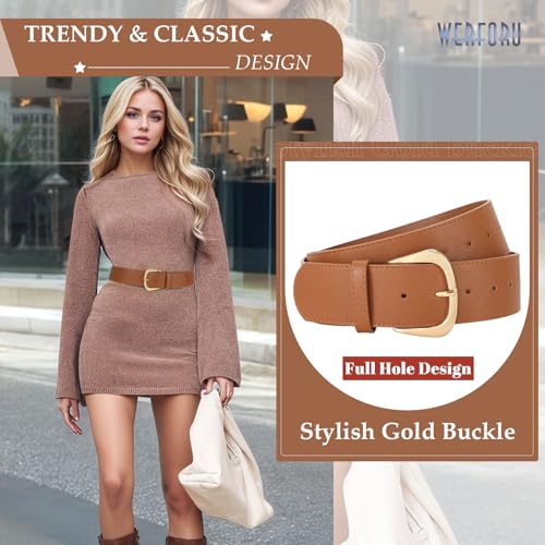 WERFORU Women's Leather Wide Belt for Dresses and Jeans With Gold Buckle, Brown, Fit Waist Size 26"-32"2