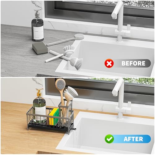 Image of Cisily Sponge Holder for Kitchen Sink, Sink Caddy Organizer with High Brush Holder, Kitchen Countertop Organizers and Storage Essentials, Rustproof 304 Stainless Steel (Dark Grey, 9.25″)