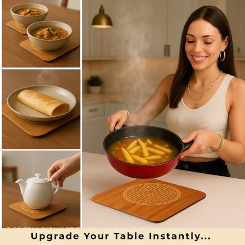 Image of Square Premium Wooden Trivet & Coaster Set | Heat Resistant Table Protector for Hot Pots & Pans | 20x20 cm Laser Engraved | Anti-Slip Base | Ultra-Slim 3mm | Pack of 4 (Square)