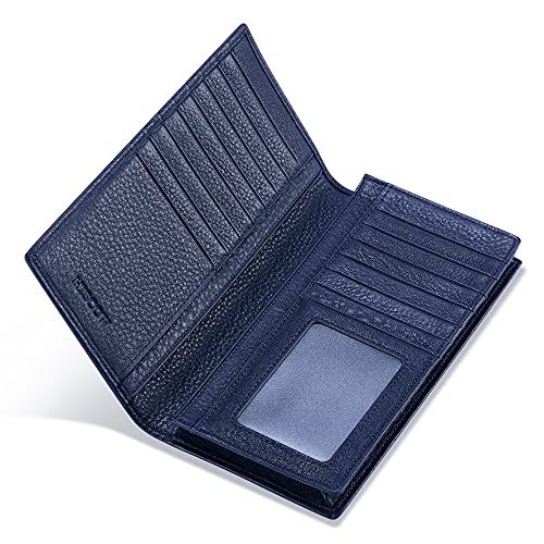 Image of HISCOW Full Grain Leather Men's Long Wallet, 15 Card Slots, Pebbled Blue, 6.97 inchH x 3.5 inchW x 0.98 inchD, Classic | Gusseted bill compartment, tall bifold design, clear ID window, ideal for coat pockets or briefcases, turned-edge, gift box