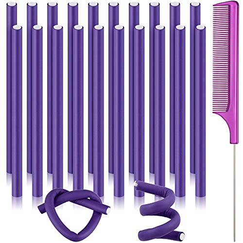 20 Pieces Flexible Curling Rods Twist Foam Hair Rollers Soft Foam No Heat Hair Rods Rollers Curlers and Steel Pintail Comb Rat Tail Comb for Women Girls Long and Short Hair (0.31 x 9.4 Inch, Purple)