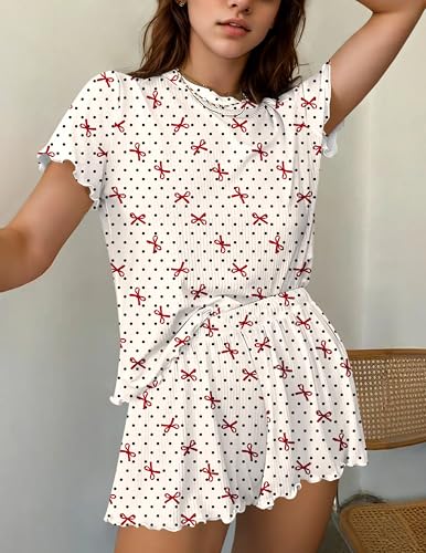 Image of Ekouaer Womens Pajamas 2 Piece Ribbed Knit Pjs Short Sleeve Sleepwear Set Summer Soft Pajamas Set Casual Lounge Sets