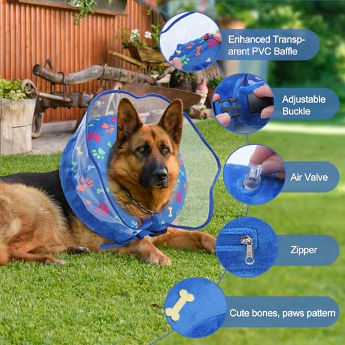 Image of Inflatable Collar After Surgery, Adjustable Cute Calming Puppy Collar with Soft Padding, Pet Prevent Scratches Anti Licking Collar for Small Medium Large Dogs (Blue, M)
