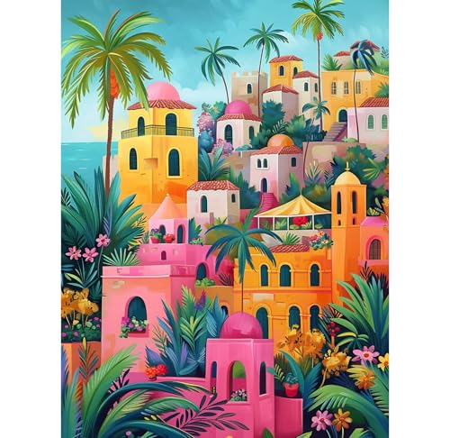 KEYIFA Peinture par Numéros pour Adulte, Ville de Montagne Colorée Kits de Peinture au Numéro avec Canevas Acrylique et Pinceaux, DIY Creatif Toile Kits...