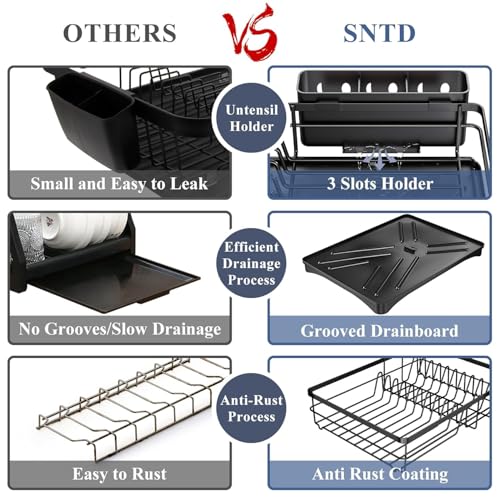 Image of Umite Chef Large Dish Drying Rack for Kitchen Counter, Black Metal Dish Drainer with Drainboard, Utensil Holder, Cup Holder, Rust Resistant Kitchen Dish Rack with Water Drain Spout for Countertop