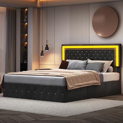 FOERPL - Cama de 180 x 200 cm, con somier, cama tapizada con almacenamiento, cama doble con LED, marco de cama con cabecera de terciopelo, cama acolchada con somier de madera (terciopelo negro, 180 x