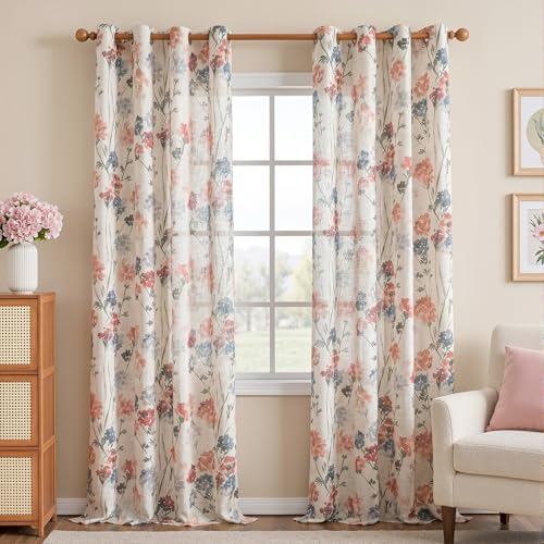 Image of MYSKY HOME Floor to Ceiling Linen Floral Curtains 102 Inch Length 2 Panels Semi Sheer Light Filtering Farmhouse Flower Printed Window Grommet Drapes for Dining Room, 52 inch W Each Panel, Red