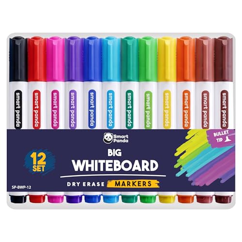 Smart Panda 12 Big Whiteboard Pens Bullet Tip Whiteboard Markers Dry Erase Markers Perfect for Home School or Office - 12 Set Assorted Colours