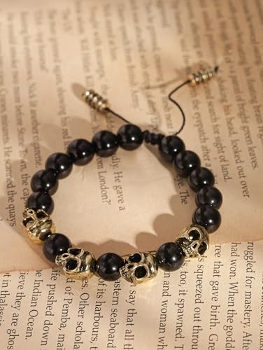 Pulsera ajustable de cuentas con calavera negra y oro miniatura 5