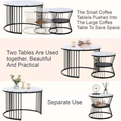 Image of MELVON Lightweight Nesting Coffee Table Set of 2, Black Frame with White Marble Look Top, Round Center & Side Table for Home