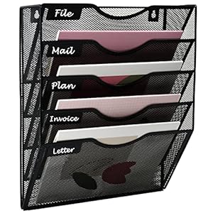 5 Pockets Mesh Hanging Wall File Holder Organizer Wall Mounted Paper Magazine Rack, Black