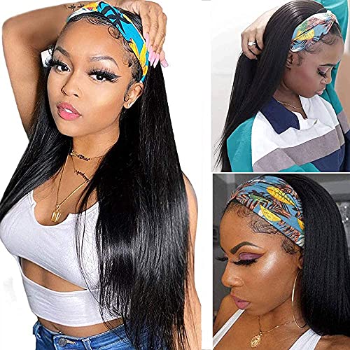 Headband Wigs for Black Women Human Hair Straight Headband Wigs Easy Wear Wigs Glueless Machine Made None Lace Front Wigs Scarf Half Wigs Brazilian Virgin Hair Band Wig Quick Wigs (18 inch)