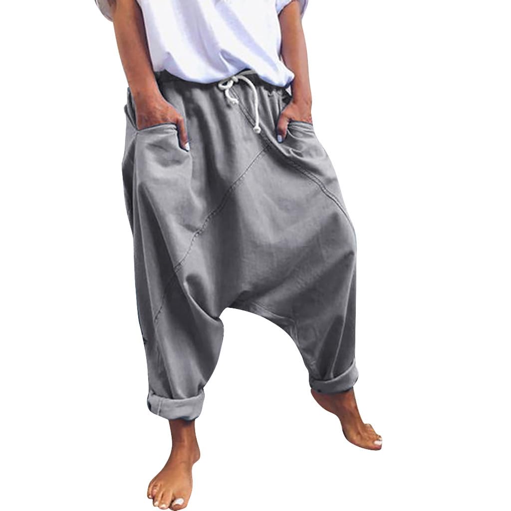 Womens Low Rise Drop Crotch Harem Trousers Hip Hop Joggers Baggy Wide Leg Pants Low Crotch Sweatpants Laddin Style Hippie Casual Boho Beach Yoga Lightweight Trousers with Pockets Grey