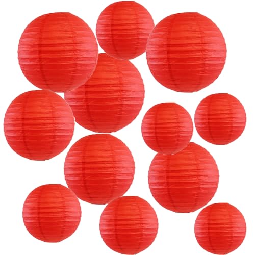 Clonynix 12Pcs 6 8 10 12 Inch Mixed Sizes Red Paper Lanterns Decorative Chinese Japanese Hanging Round Paper Lanterns Lamp for Birthday Wedding Christmas Bridal Home Decor Party Decoration