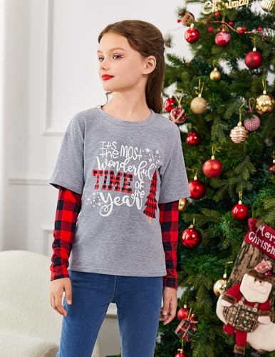 Arshiner Girls Christmas Halloween Long Sleeve Shirts Graphic Stripe Plaid Patchwork Top Tee2