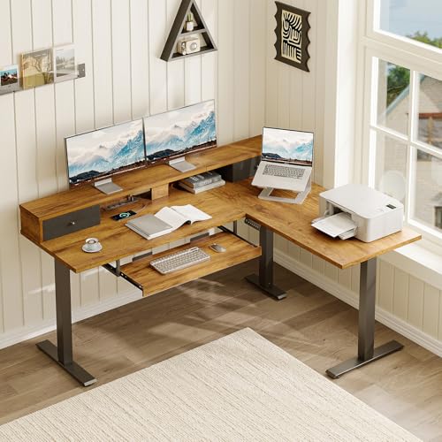 Image of Casaottima 59 Inch Electric L-Shaped Standing Desk with Drawers, Height Adjustable Stand Up Corner Desk with Monitor Stand & Keyboard Tray, Lift Table for Home Office, Workstation, Rustic Brown