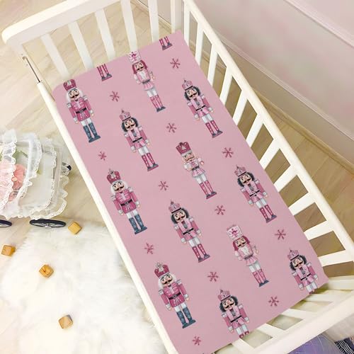 Image of Christmas Nutcrackers Pinks Crib Sheets Soft Breathable Fitted Baby Crib Sheets Mattress Cover for Girls Boys, 52 inch x 28 inch x 9 inch