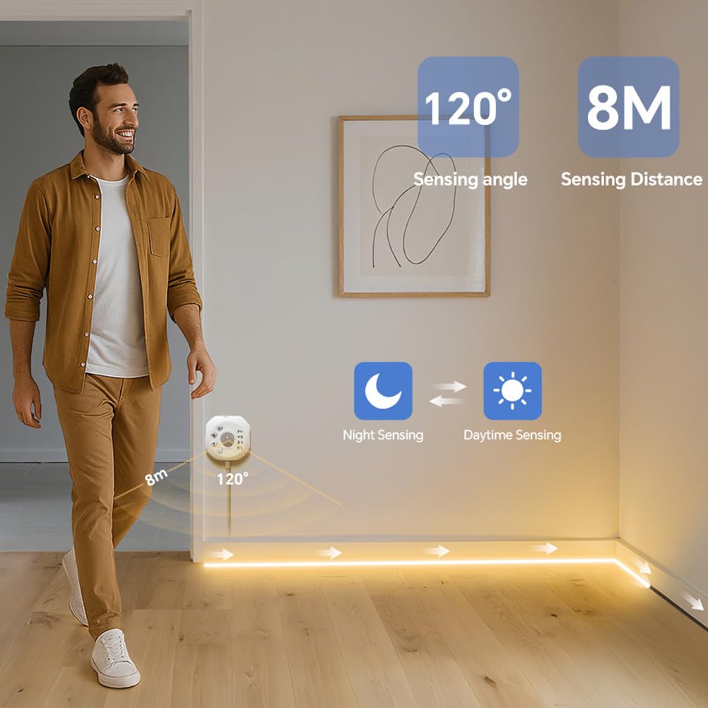 AoLa Striscia LED sensore di movimento, 5m 600 LED dimmerabile con spina, modalità luce fissa modalità notturna attivata dal movimento sensore di luce 4 modalità con timer, bianco caldo 3000K,10M