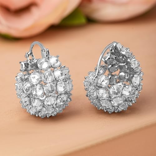 Image of Rubans Rhodium-Plated Cubic Zirconia Cluster Design Statement Hoop Earrings