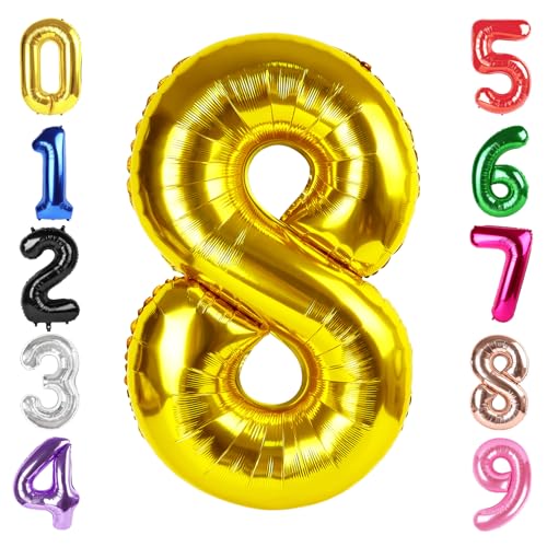 Image of 40 Inch Gold Number 8 Balloon Birthday Party Decorations for Men & Women | 40 Inch Gold inflatable foil number balloons, large birthday decorations for 8th birthday
