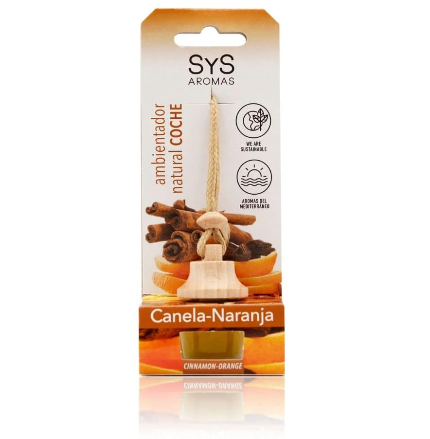 SYS Aromas Ambientador para Coche con Fragancia de Canela y Naranja – Perfume Natural Colgante sin Alcohol y Ecológico – Larga Duración – Elimina y Absorbe Malos Olores – Hecho en España – 7 ml