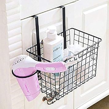 HOME CUBE Metal Over Door Storage Basket with Hair Dryer Holder - Random Color, Standard,Pack of 1