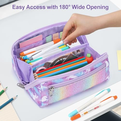 Image of Large Pencil Case for Boys, Durable Pencil Pouch for School, Wide Opening Soft Bag with Handle, Fits 50 Pens & Markers (Purple Unicorn)