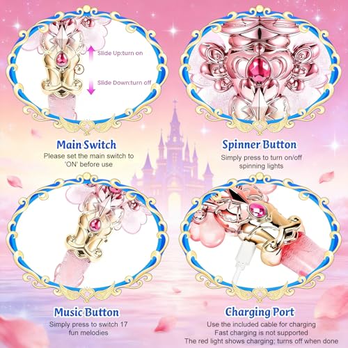 Image of PATPAT Light-Up Princess Magic Wand with Music, USB Rechargeable LED Fairy Magic Stick with Heart Crown & Angel Wings, Fantasy Role-Play Magical Stick Costume Party, Cosplay, Pretend Play & Gifting