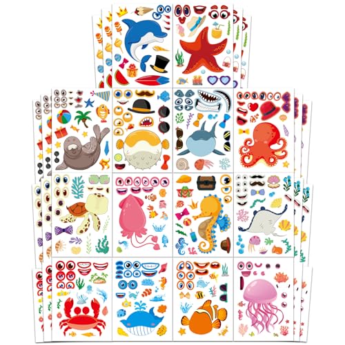 Aowplc 42 Pcs Ocean Animals Make-a-Face Sticker Sheets for Kids - 14 Sea Creature Designs for Party...