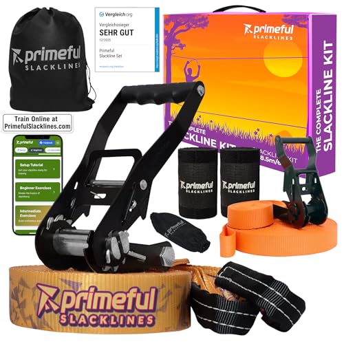 Primeful® Slackline Set 18,5m - Premium Komplettset mit Hilfsseil, Ratsche, Baumschutz & Tasche - TÜV-geprüft bis 150kg - Balance Training für Kinder, Anfänger & Erwachsene - Outdoor Fitness Geschenk