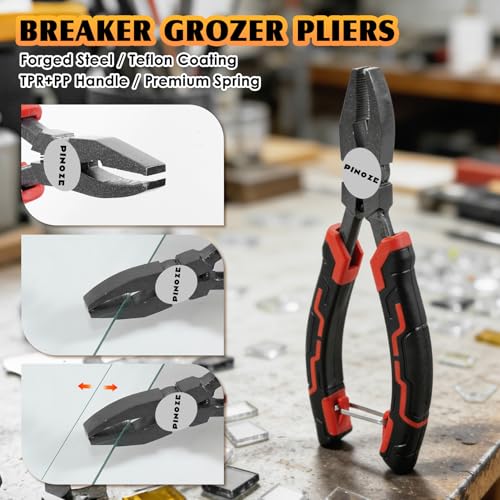 Image of PINOZE 14-Piece Glass Cutting Tool Kit, Glass Cutter 2-20MM, 8 inch Wheeled Tile Nippers & Glass Running Pliers, Breaker Grozer Pliers, Aluminum Cutting Ruler - for Stained Glass, Tiles, Mosaic Cutting