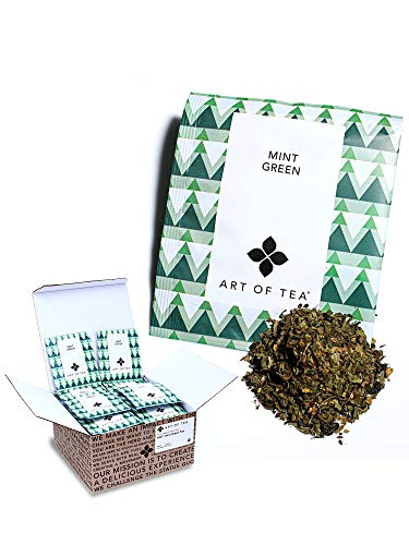 Art of Tea Organic Mint Green Tea Bags, 50 Count Premium Pyramid Sachets, Refreshing Green Tea with Peppermint &amp; Spearmint, Smooth Caffeinated Tea for Hot or Iced Tea