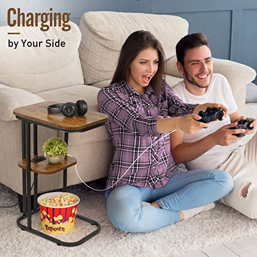 Allinside C Shaped End Table With Charging Station, 2-Tier Side Table With Storage Shelf Large Laptop Tv Snack Tray Ideal For Couch, Sofa Slide Under, Bedside, Small Spaces (2 Usb Ports & 2 Outlets) #TOP5