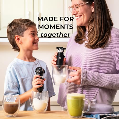 Image of Zulay Kitchen Cow Milk Frother Wand - Cutesy Frother, Meet Your New Frothing Buddy Betsy The Cow, Adoption Papers and Stickers Included, Purrr-fect for Lattes, Cappuccino & Matcha - Black