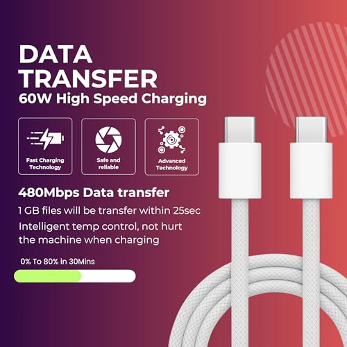 Image of AINE USB C to USB C Cable 3.3FT, 60W PD Fast Charging Nylon Braided Type-C Charger Cord compatible with iPhone 15 16 Pro Plus Pro Max iPad Pro Air MacBook Pixel - Original charging Speed